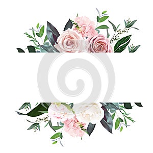 Dusty pink and cream rose, peony, hydrangea flower, tropical leaves vector design wedding banner