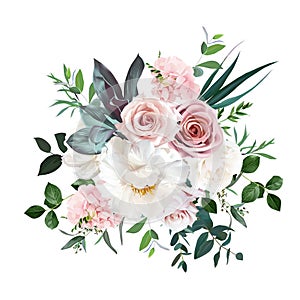 Dusty pink and cream rose, peony, hydrangea flower, tropical leaves vector design wedding bouquet photo