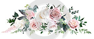Dusty pink and cream rose, peony, hydrangea flower, tropical leaves vector garland photo