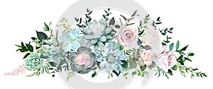 Dusty pink and cream rose, various echeveria succulents, tropical leaves garland