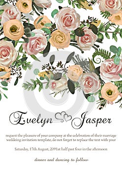 Dusty pink, creamy white antique rose, pale flowers vector design wedding frame. Flowers, eustoma, brunia, fern, eucalyptus,