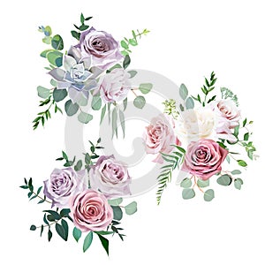 Dusty pink,creamy white and mauve antique rose vector design wedding bouquets