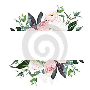 Dusty pink garden rose, peony, magnolia, ranunculus flower, tropical leaves vector design wedding banner