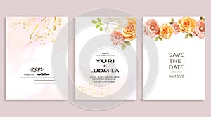 Dusty pink and ivory beige rose, pale hydrangea, fern, dahlia, ranunculus, fall leaf bunch of flowers invitation card