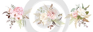 Dusty pink and ivory beige rose, pale hydrangea, peony flower, fern, dahlia