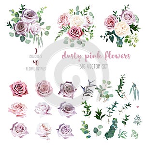 Dusty pink and mauve antique rose, lavender and pale flowers, eucalyptus