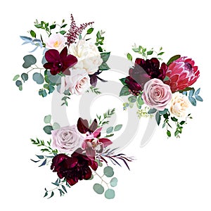 Dusty pink, mauve and creamy rose, magenta protea, burgundy and white peony photo