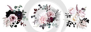 Dusty pink, pastel, black flowers vector design bouquets.