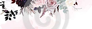 Dusty pink, pastel, black flowers vector design watercolor banner frame