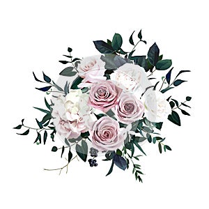 Dusty pink, pastel, white flowers glamour vector design wedding bouquet