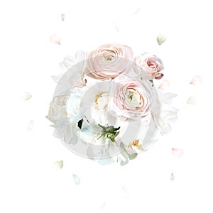 Dusty pink rose, blush ranunculus, white magnolia, peony vector design mono flowers bouquet. Flying petals