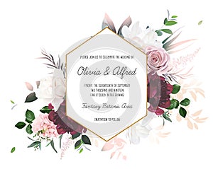Dusty pink rose, hydrangea, magnolia, burgundy peony vector design invitation frame.