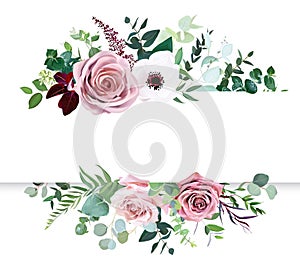 Dusty pink rose, pale flowers, white anemone horizontal botanical vector design banner