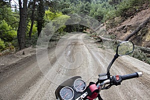 A dusty road in the forest, motor trip, journey into the deep forest, Mountain road in the forest, Road on Motorcycle.