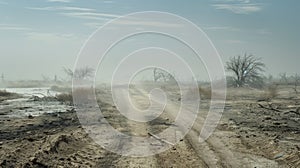 A dusty road winds through a desolate landscape dotted with skeletal trees and driedup ponds. The impact of drought is