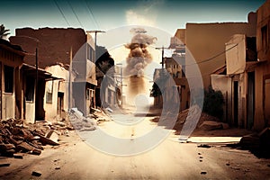 dusty street in houses due to tremors of aftershocks destruction aftermath earthquake