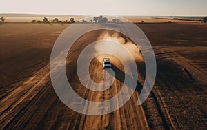 Dusty trace behind a car speeding across the gravel road, drone view