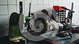 Dusty vintage workshop with heavy drill press, cluttered workbench and clear boot print in the dust âretro craftsmanship scene