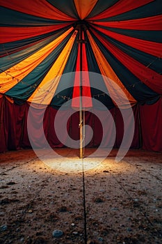 Dusty, worn circus tent interior with faded stripes, canvas, pattern