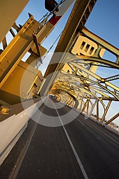 Dutch angle of Tower Bridge in Sacramento, California, USA shot at golden hour