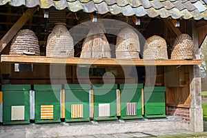 Dutch beehives and hives outdoors under roof