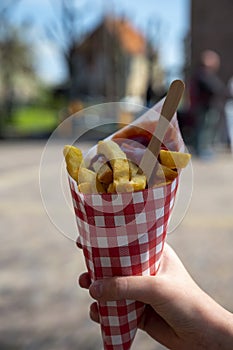 Dutch and Belgian street food, child`s hand with Ð·aper bag of fried potatoes chips with tomatoes ketchup