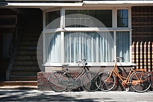 Dutch bicycles parked in front of building