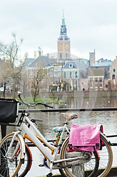 Dutch bikes with floral pattern saddle covers at Court Pond and Grote of Sint-Jacobskerk background