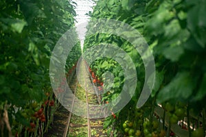 Dutch bio farming, big greenhouse with tomato plants, growing in