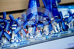 Dutch blue small windmills souvenirs. Symbol of Netherlands, sel
