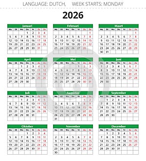 Dutch calendar for 2026. Vector illustration Dutch. 12 months year kalender