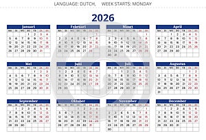 Dutch calendar for 2026. Vector illustration Dutch. Year kalender for Nederlands
