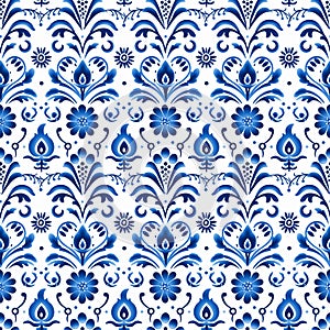 Dutch charm with this blue floral watercolor seamless pattern, For fabric printing, textile, kitchenware, Generative AI