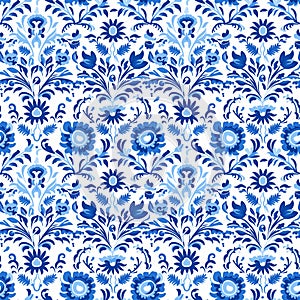 Dutch charm with this blue floral watercolor seamless pattern, For fabric printing, textile, kitchenware, wallpaper, Generative AI