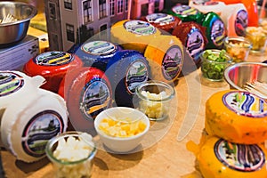 Dutch cheese on display in the store