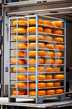 Dutch cheese market delivery by truck in Amsterdam, The Netherlands