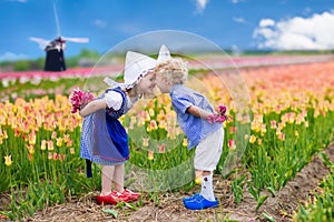 Dutch children in tulip field