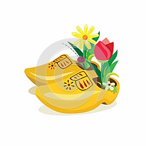 Dutch clogs, traditional wooden shoes from holland with tulip flower decoration Realistic illustration vector