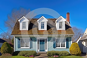 dutch colonial with dormer windows on a sunny day with clear blue sky