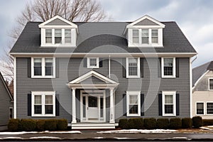 dutch colonial facade with enhanced dormer windows under gray sky