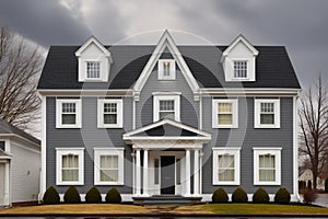 dutch colonial facade with enhanced dormer windows under gray sky