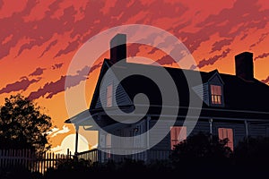 dutch colonial, flared eave silhouette against sunset, magazine style illustration