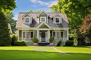 dutch colonial home with dormer windows behind a lush green lawn