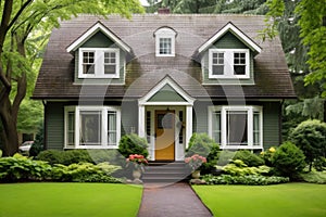 dutch colonial home with dormer windows nestled among lush greenery