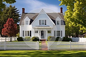 dutch colonial home with wide dormer windows, white picket fence in foreground