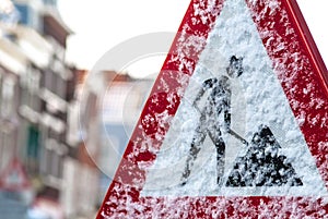 Dutch construction road sign in winter