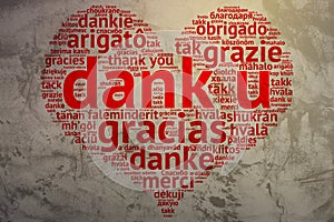 Dutch Dank U, Heart shaped word cloud Thanks, Grunge Background