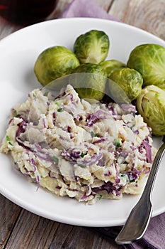 Dutch dish Stamppot with red cabbage and Brussels sprout