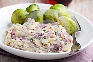 Dutch dish Stamppot with red cabbage and Brussels sprout