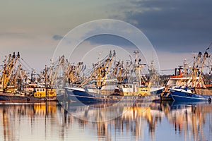 Dutch fishing fleet during majestic sunset